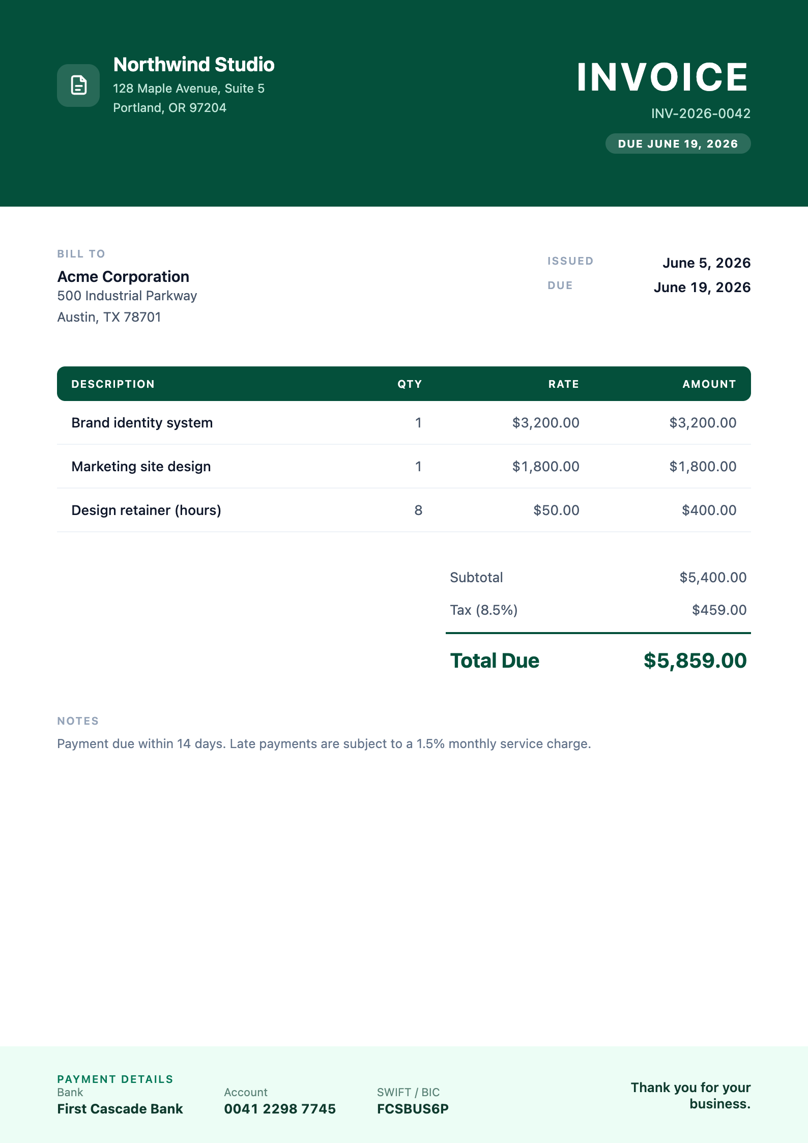Preview of the Bold Invoice template rendered as a PDF