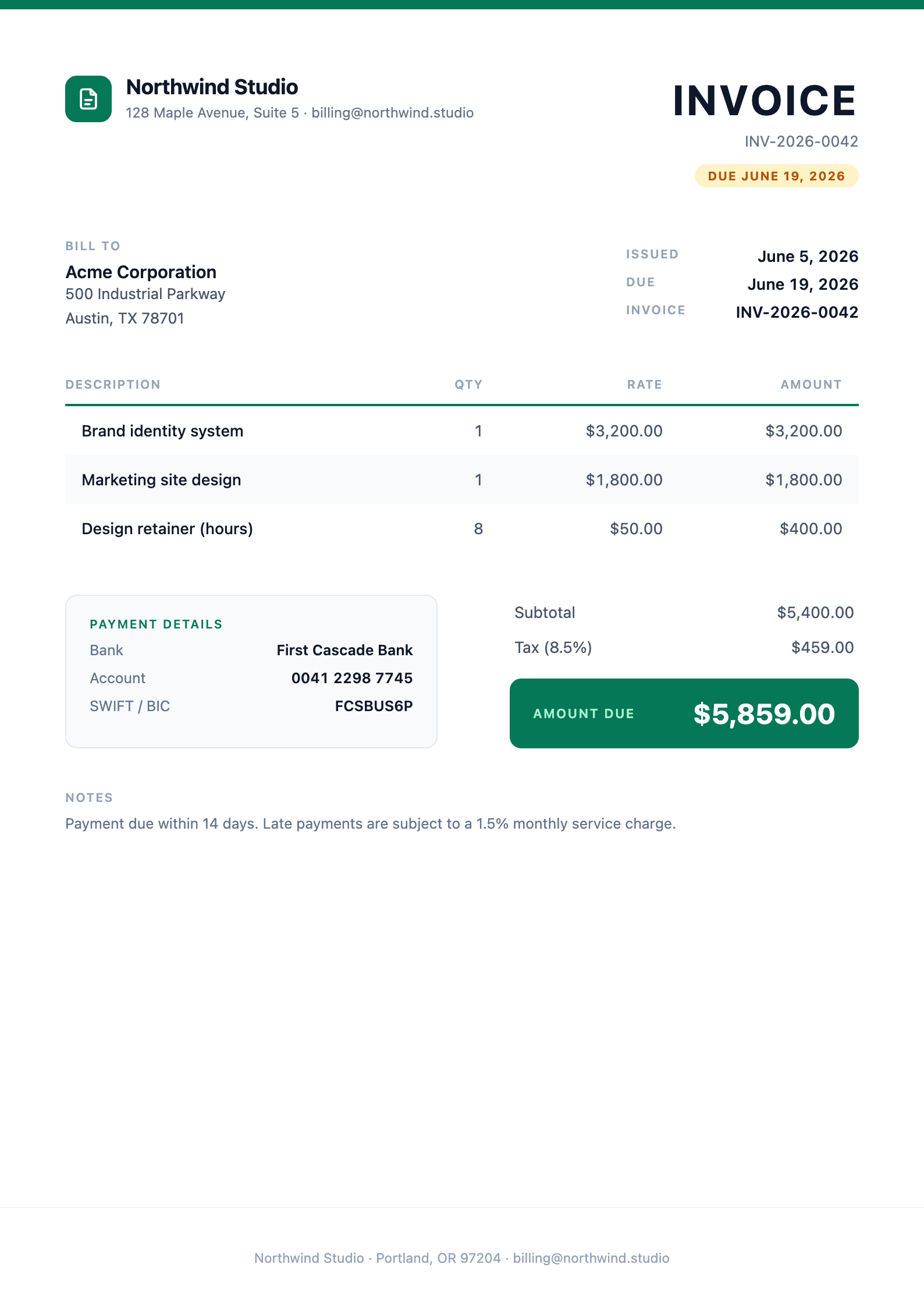 Preview of the Modern Invoice template rendered as a PDF