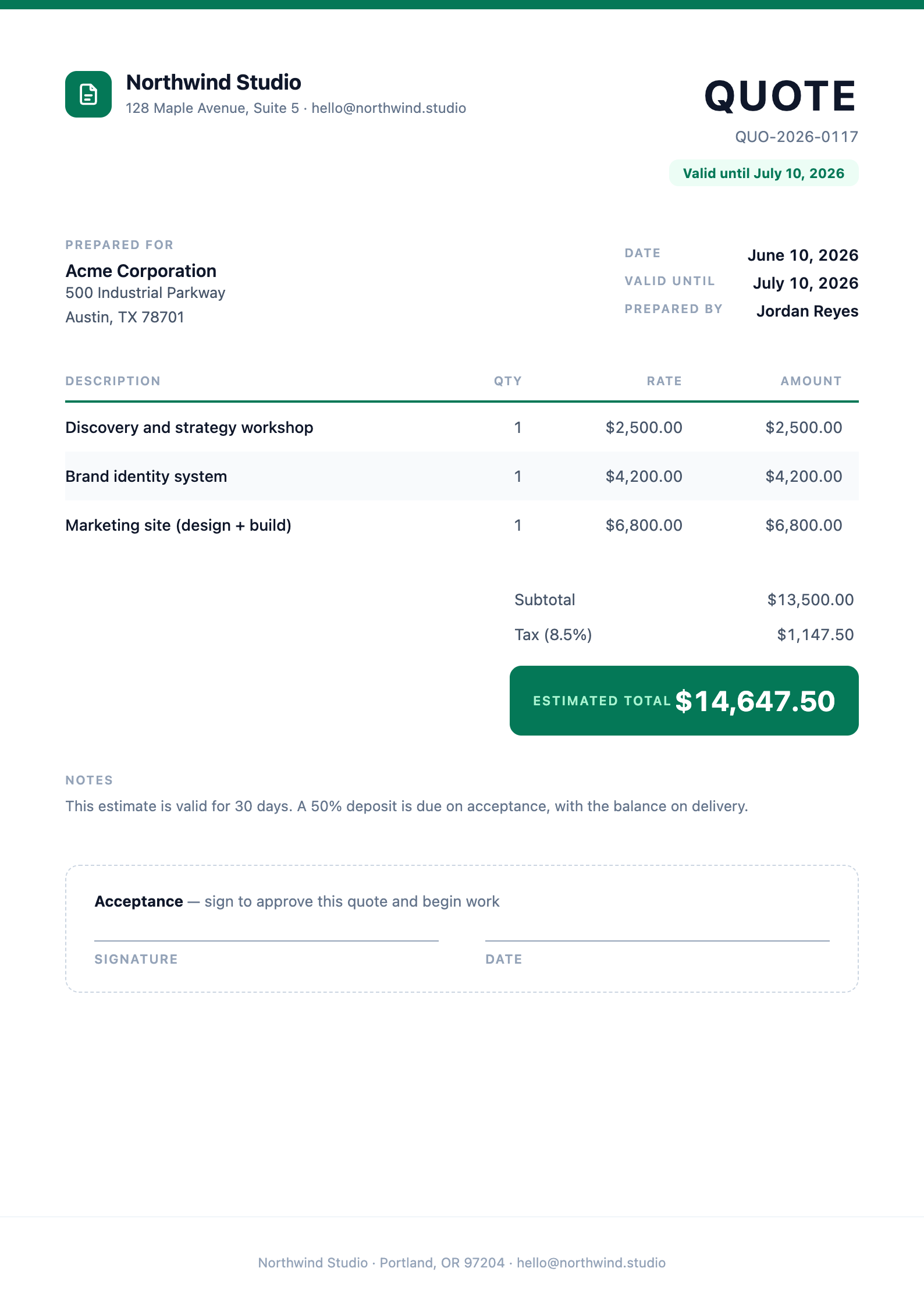 Preview of the Sales Quote template rendered as a PDF