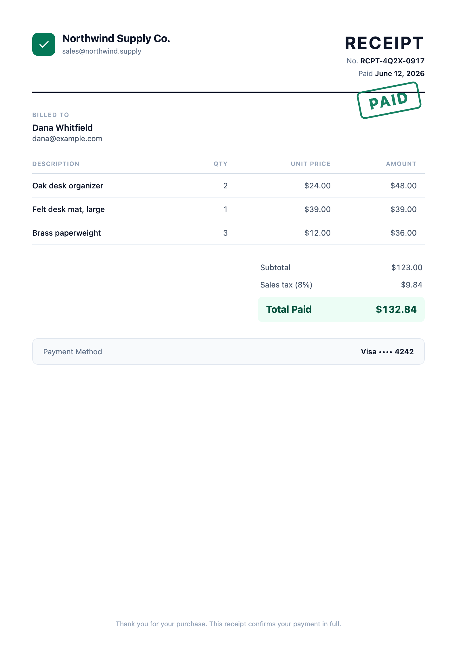 Preview of the Itemized Receipt template rendered as a PDF