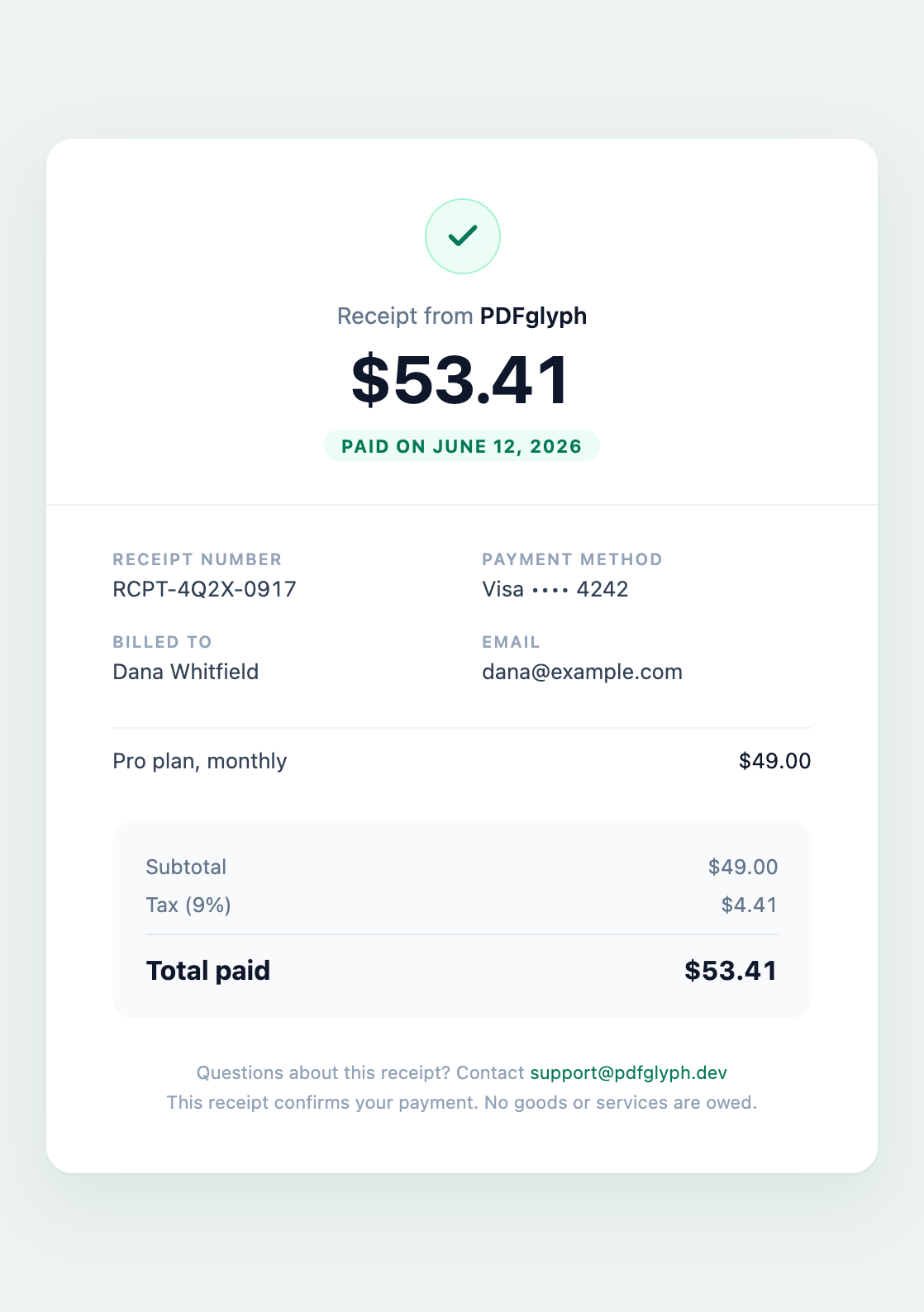 Preview of the Payment Receipt template rendered as a PDF